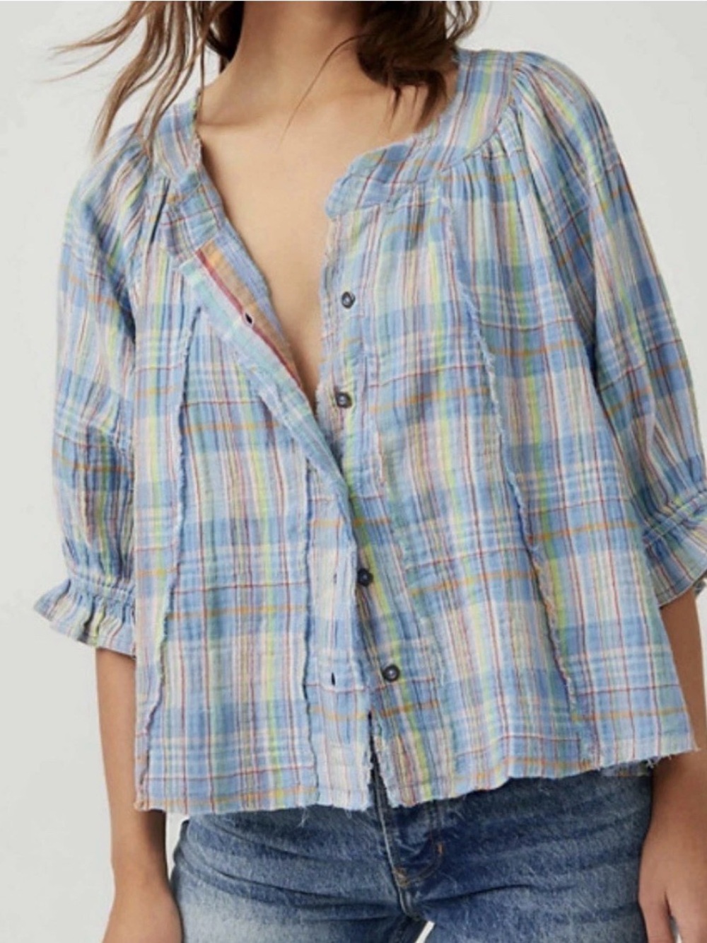We The Free Free People Lucy Plaid Swing Blouse Top Size XL Blue Multi NWT